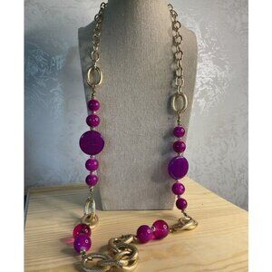 Gold Link Chain and Purple Beaded Long Necklace with Extender
